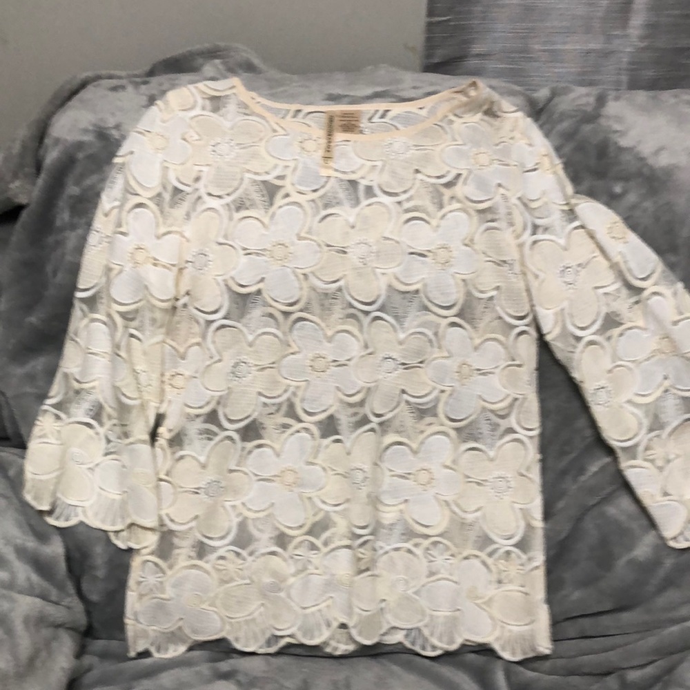 Forgotten Grace Lace Mesh Bell Sleeve Boho Scalloped Floral Embroidered Blouse